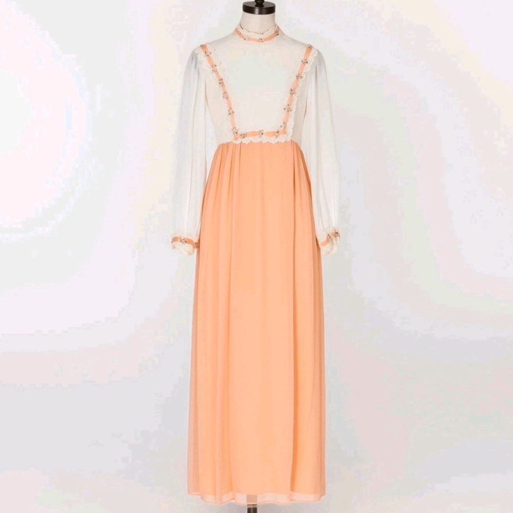 Vintage 70s Chiffon Maxi Prairie Dress Long Sleeves Small Bridesmaid Cottagecore